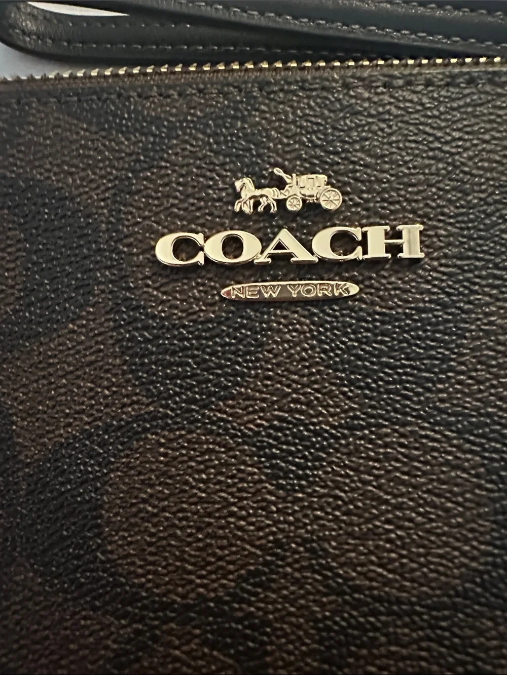 Coach Dark Brown and Black Signature Wristlet with Gold Logo